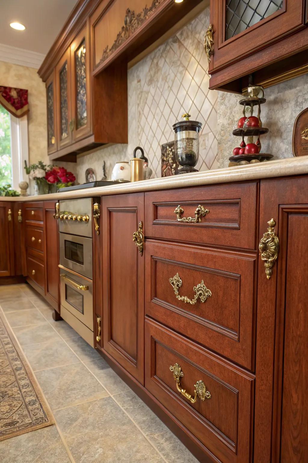 Ornate brass pulls bring forth a feeling of nostalgia and charm.