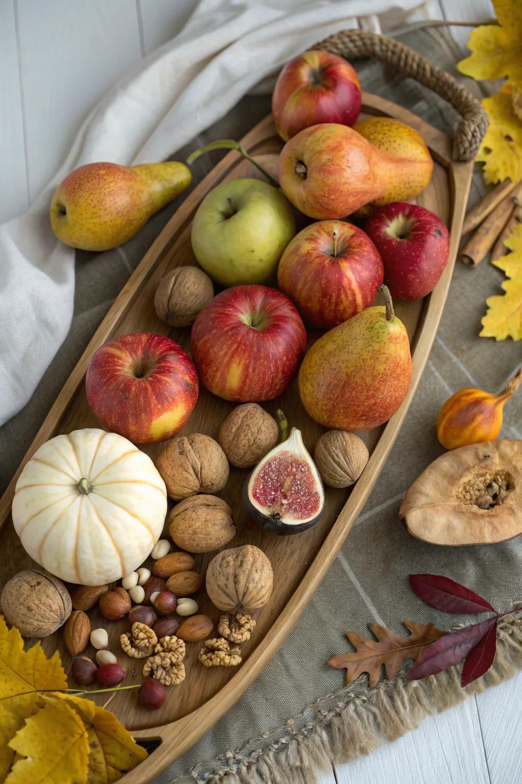 An ample harvest platter showcasing seasonal fruits and nuts.