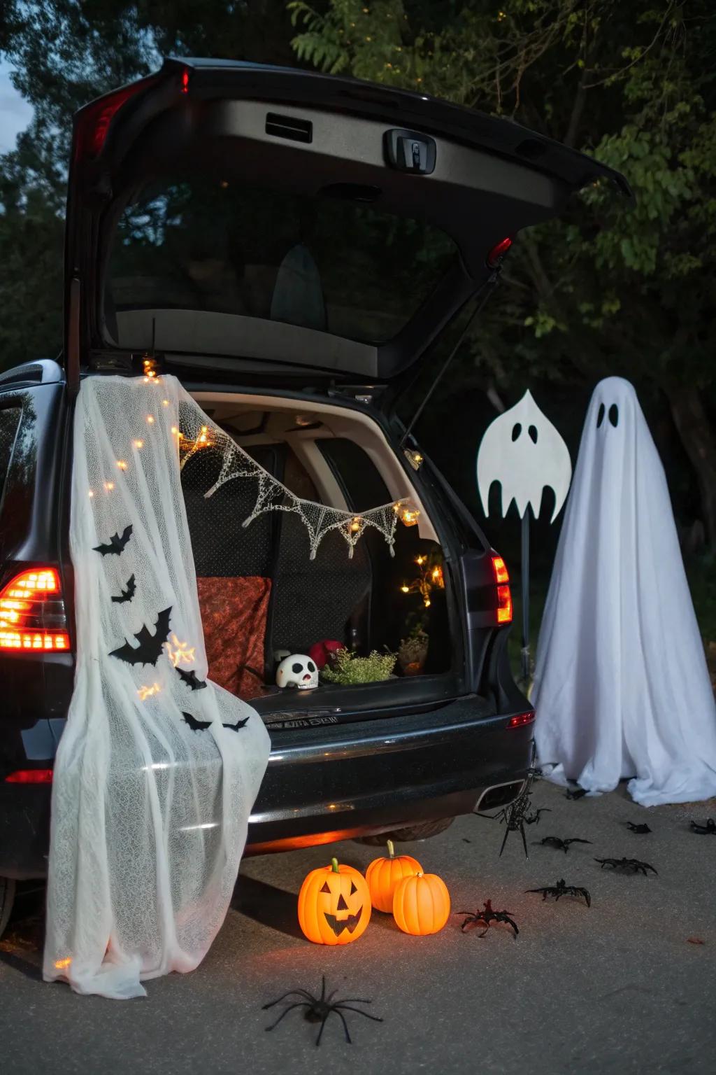 Incorporate spooky decorations like ghosts and bats for a classic haunted trunk theme.