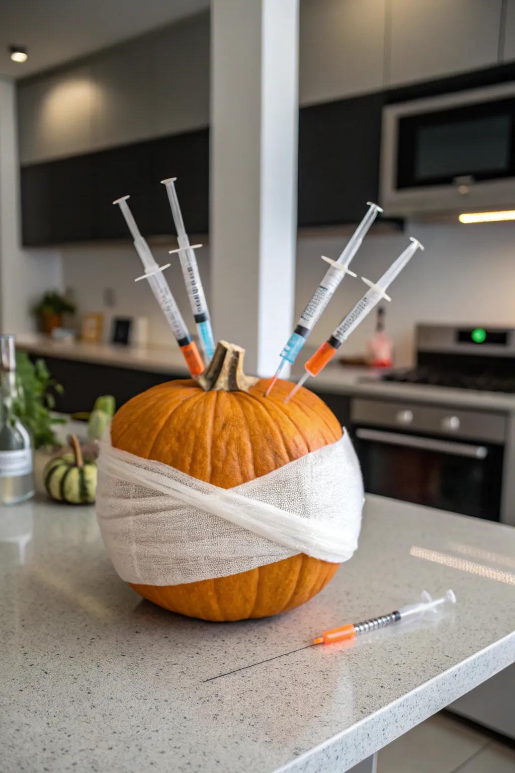A whimsical pumpkin decorated with injectors and fabric strips for a lighthearted impression.