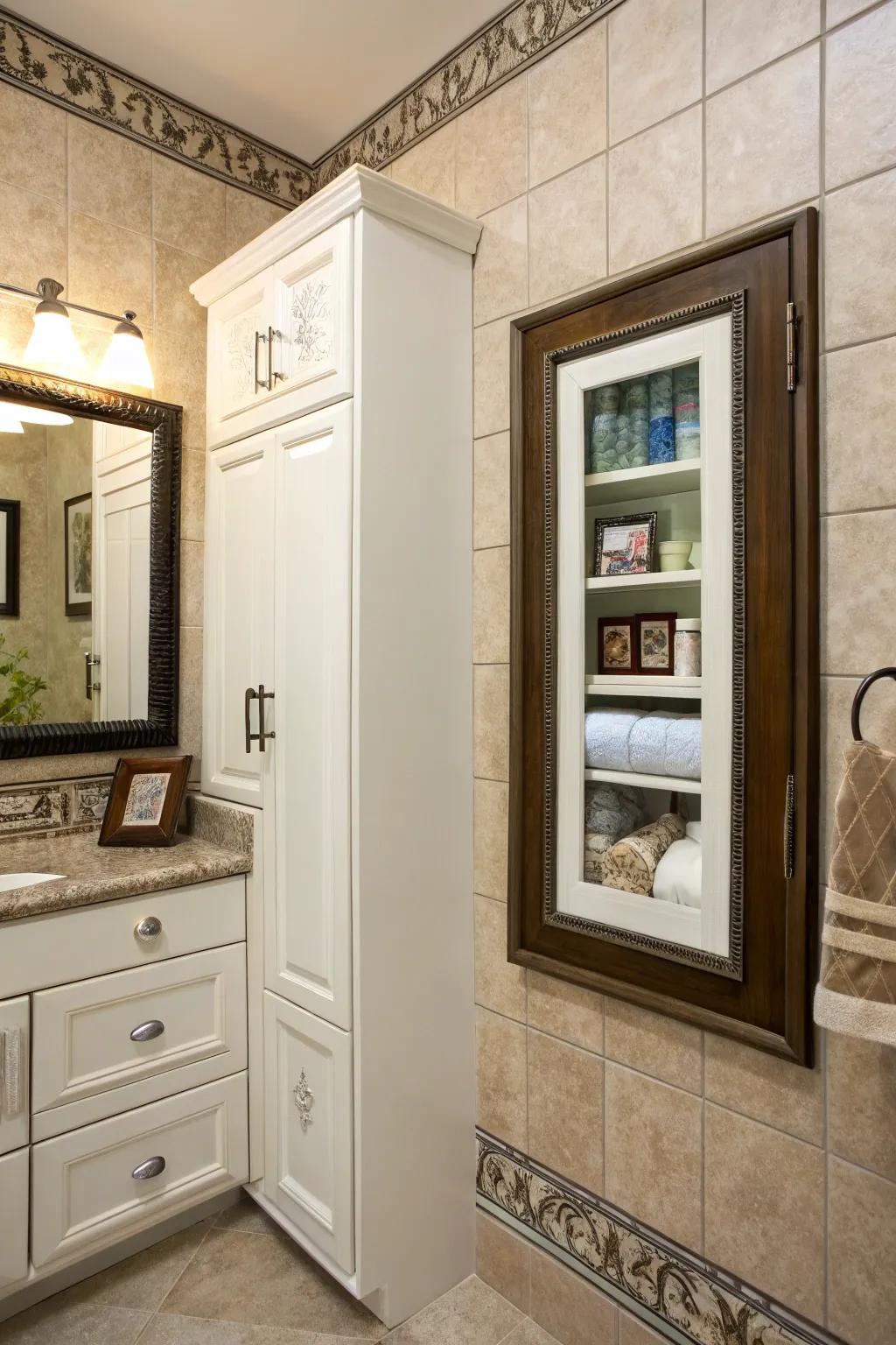 A picture frame cleverly masking a hidden medicine cabinet.