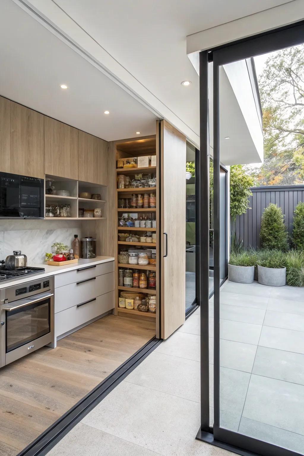 Horizontal doors revealing a hidden pantry in a modern kitchen.