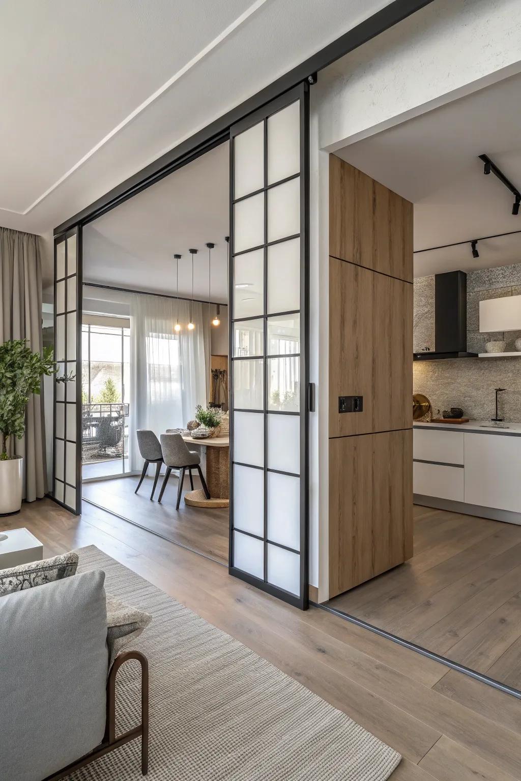 Employing sliding doors as room dividers introduces versatility and elegance to open-plan areas.