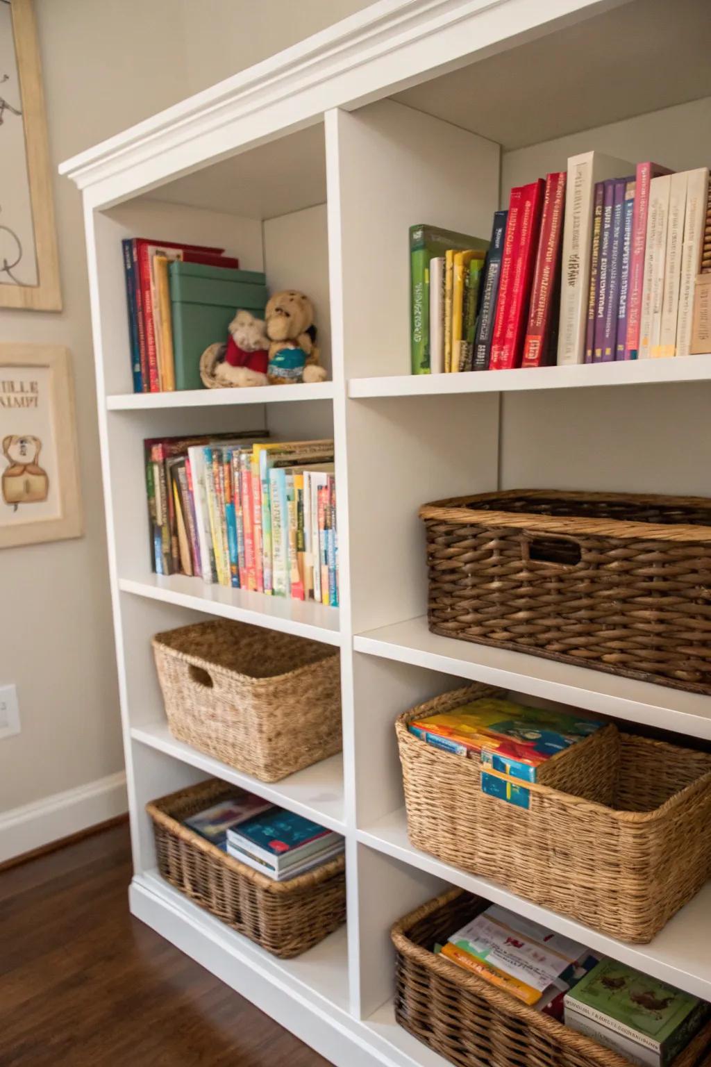 Shelving units with baskets for discreet toy storage.