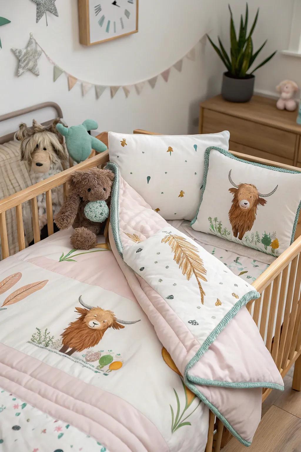 Longhorn cattle textiles fashion an inviting and intimate environment for your infant.