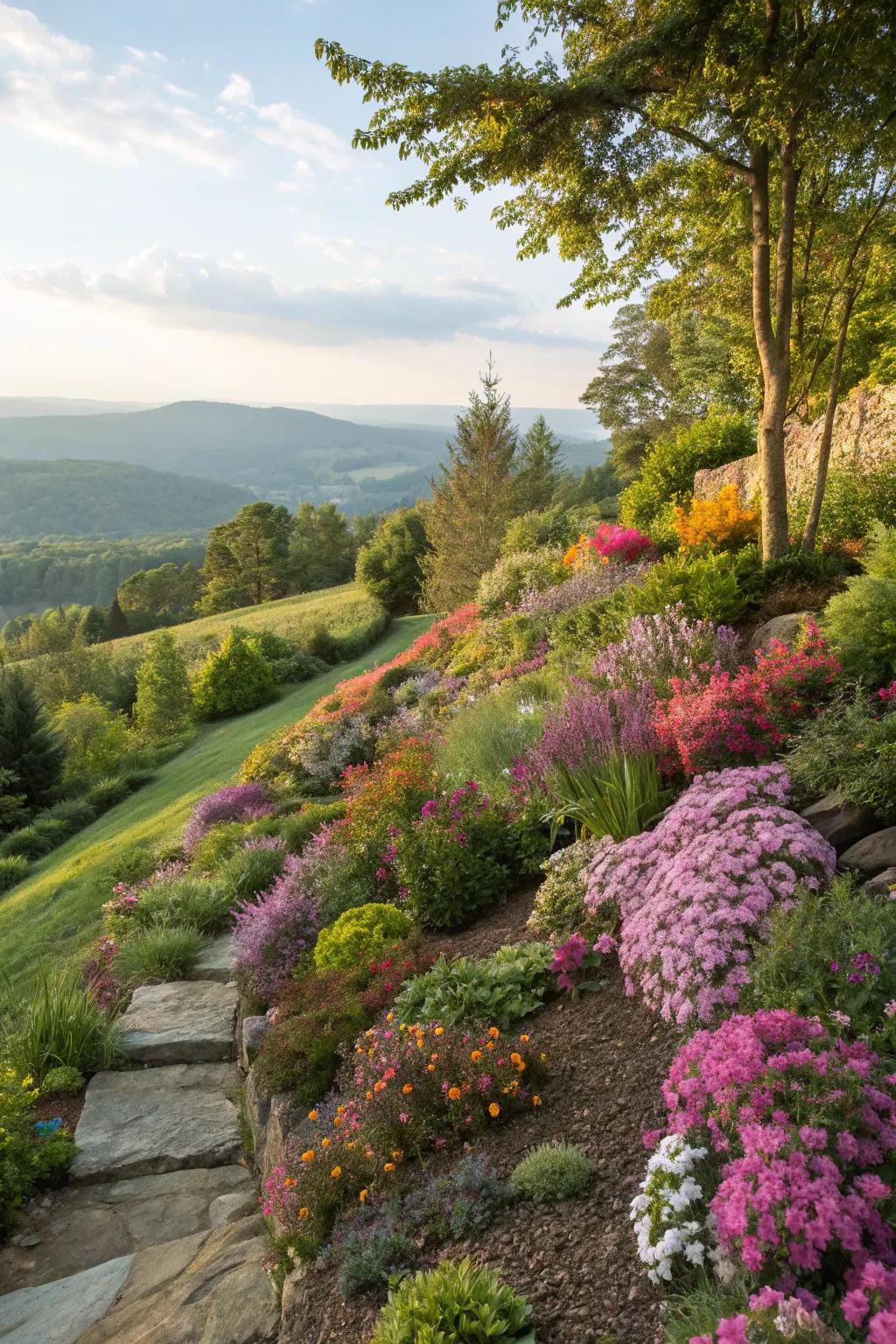 An array of bright plants can transform a hillside into a lively garden.