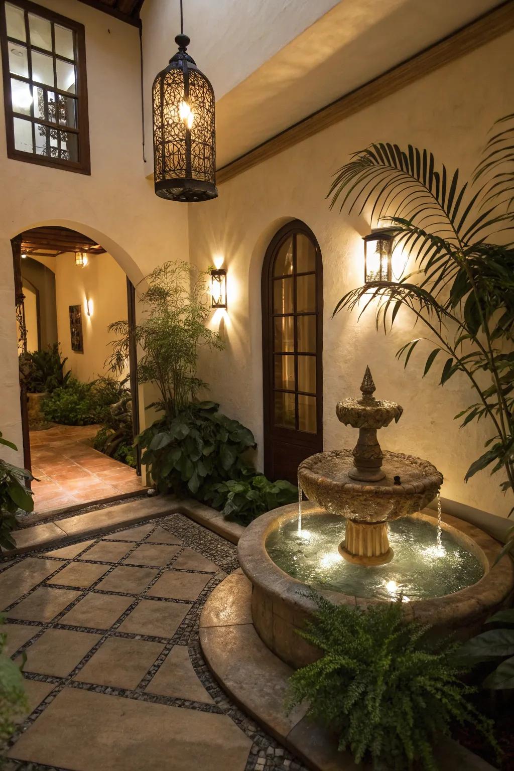 A tranquil atrium with a soothing fountain centerpiece.