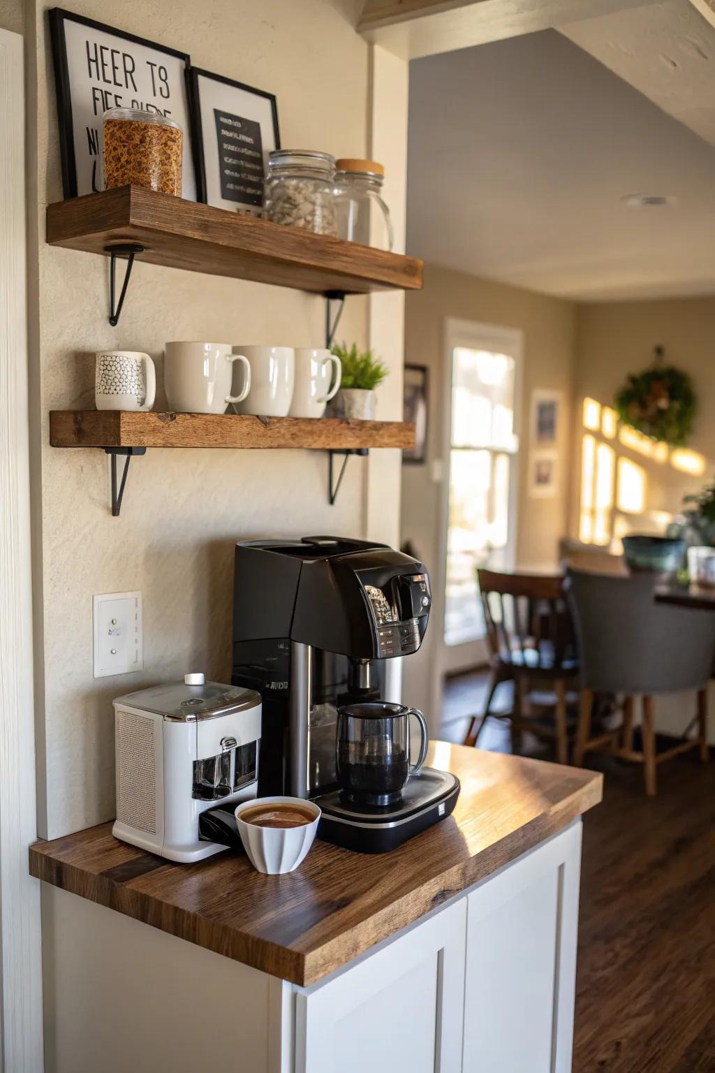 A compact coffee station in a corner offers a welcoming space for enjoying coffee.