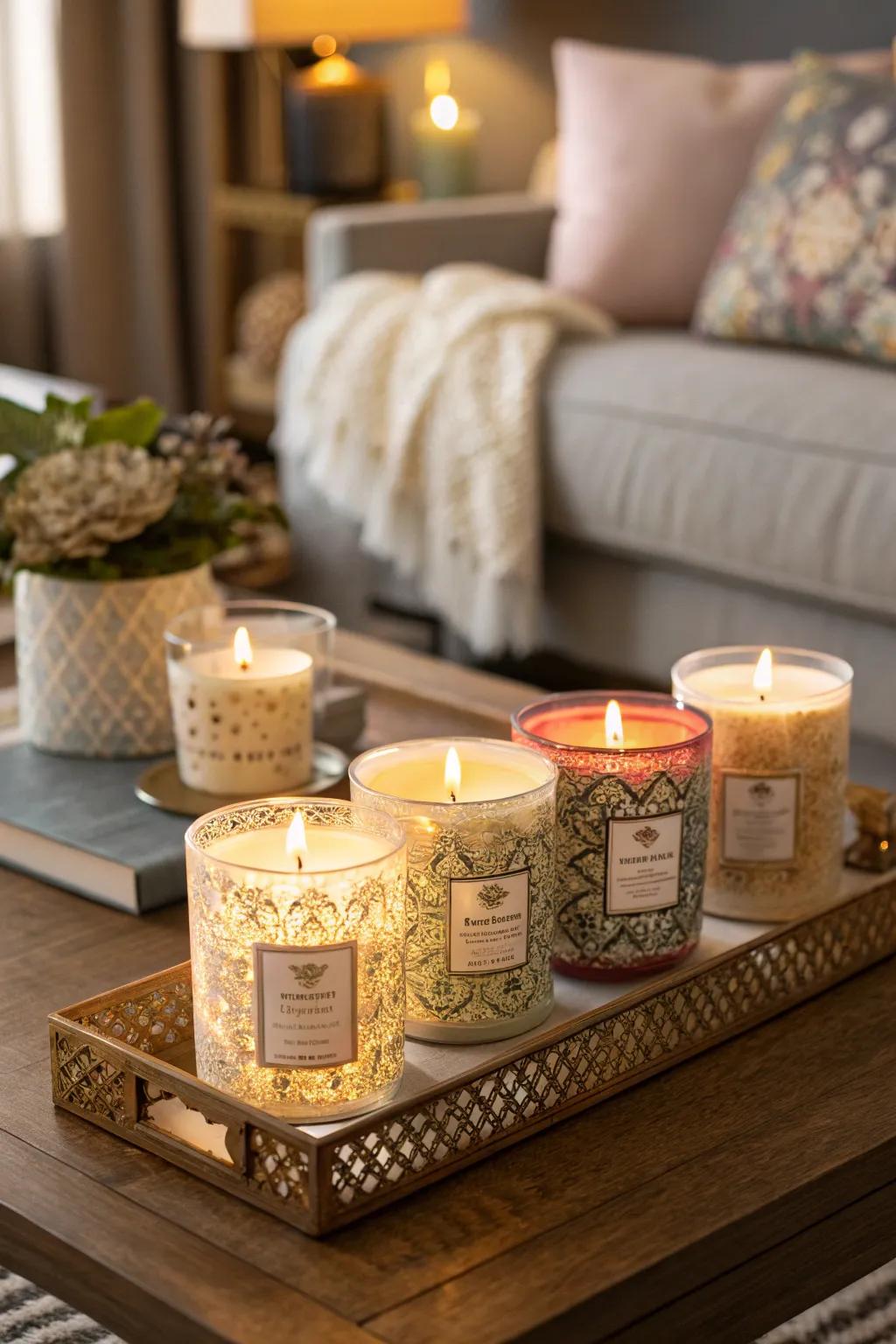 A selection of scented candles infusing the space with an inviting aroma.