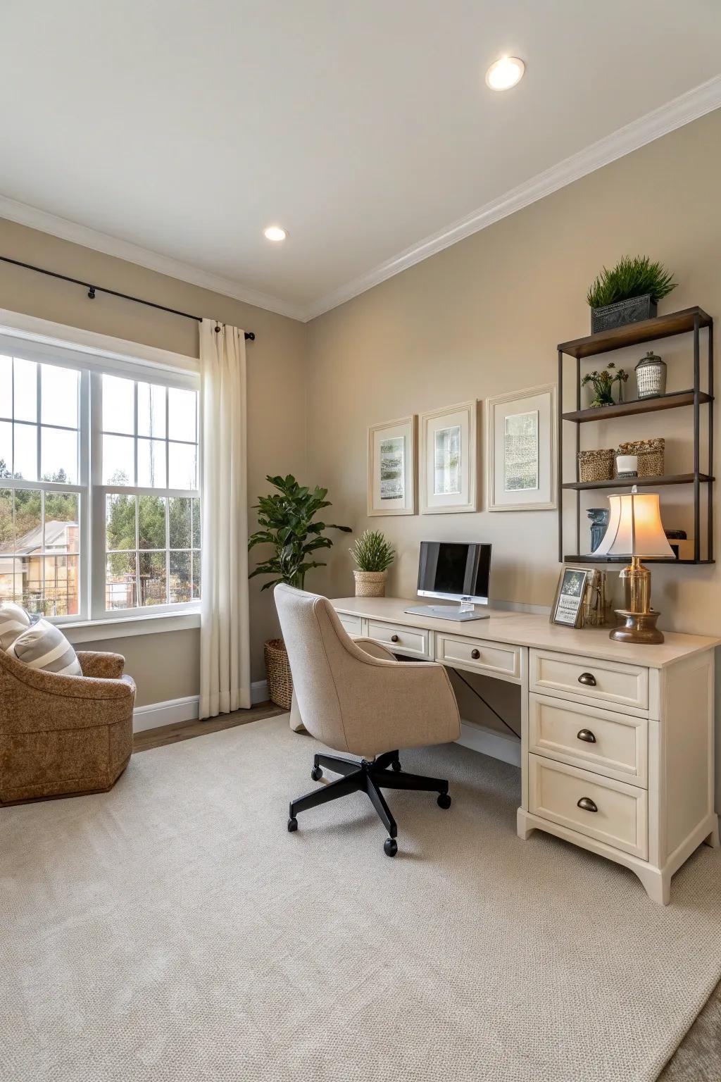 Neutral beige walls evoke a warm and inviting home office atmosphere.