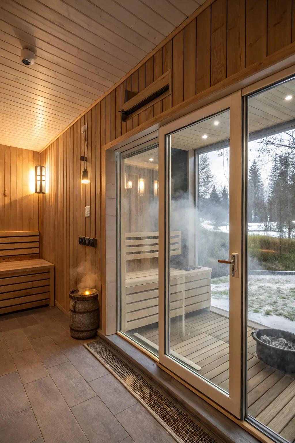 The glass doors on this sauna merge effortlessly with the surrounding decor.