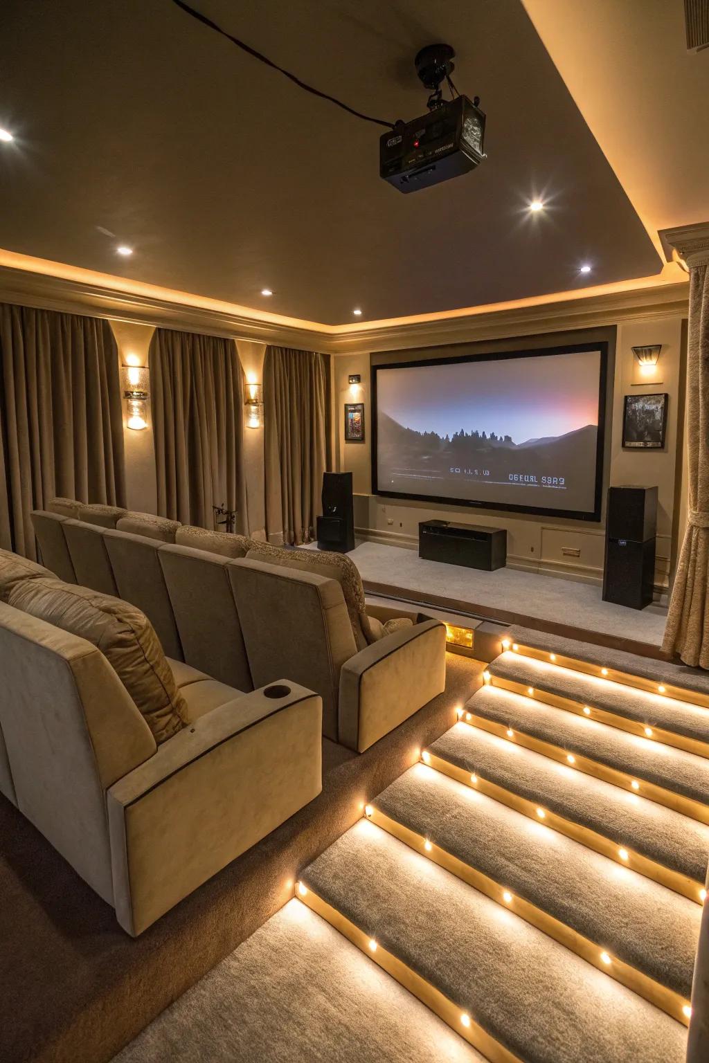 LED lighting under platforms sets the mood for a perfect movie night.