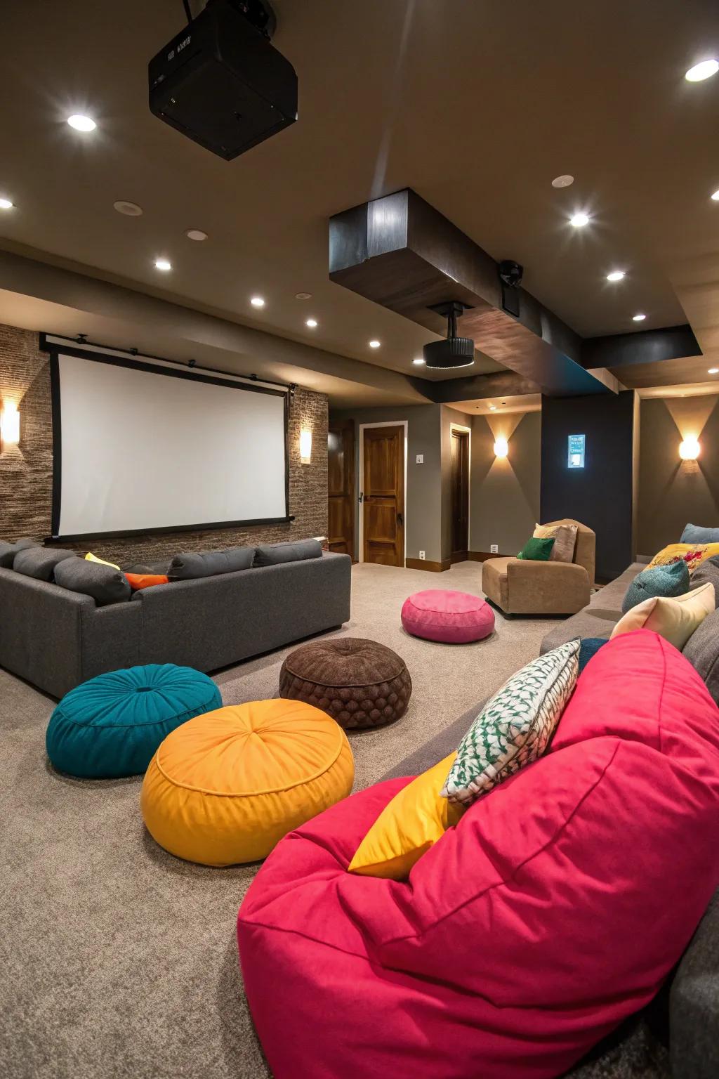 Bean bags introduce a cheerful and relaxed atmosphere to your home theater.