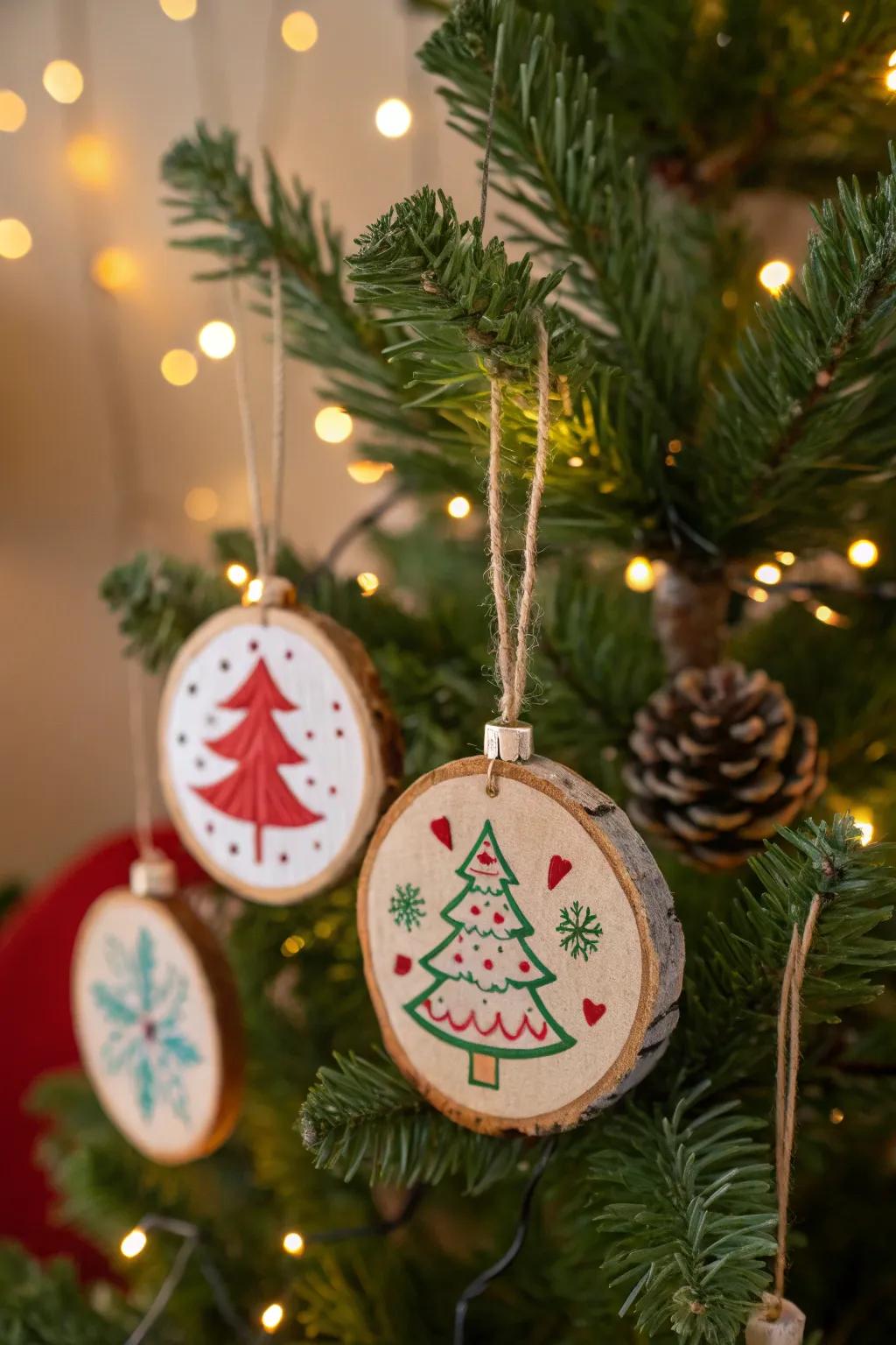 Artwork timber disc decorations adding a rustic element to the festive decorations.