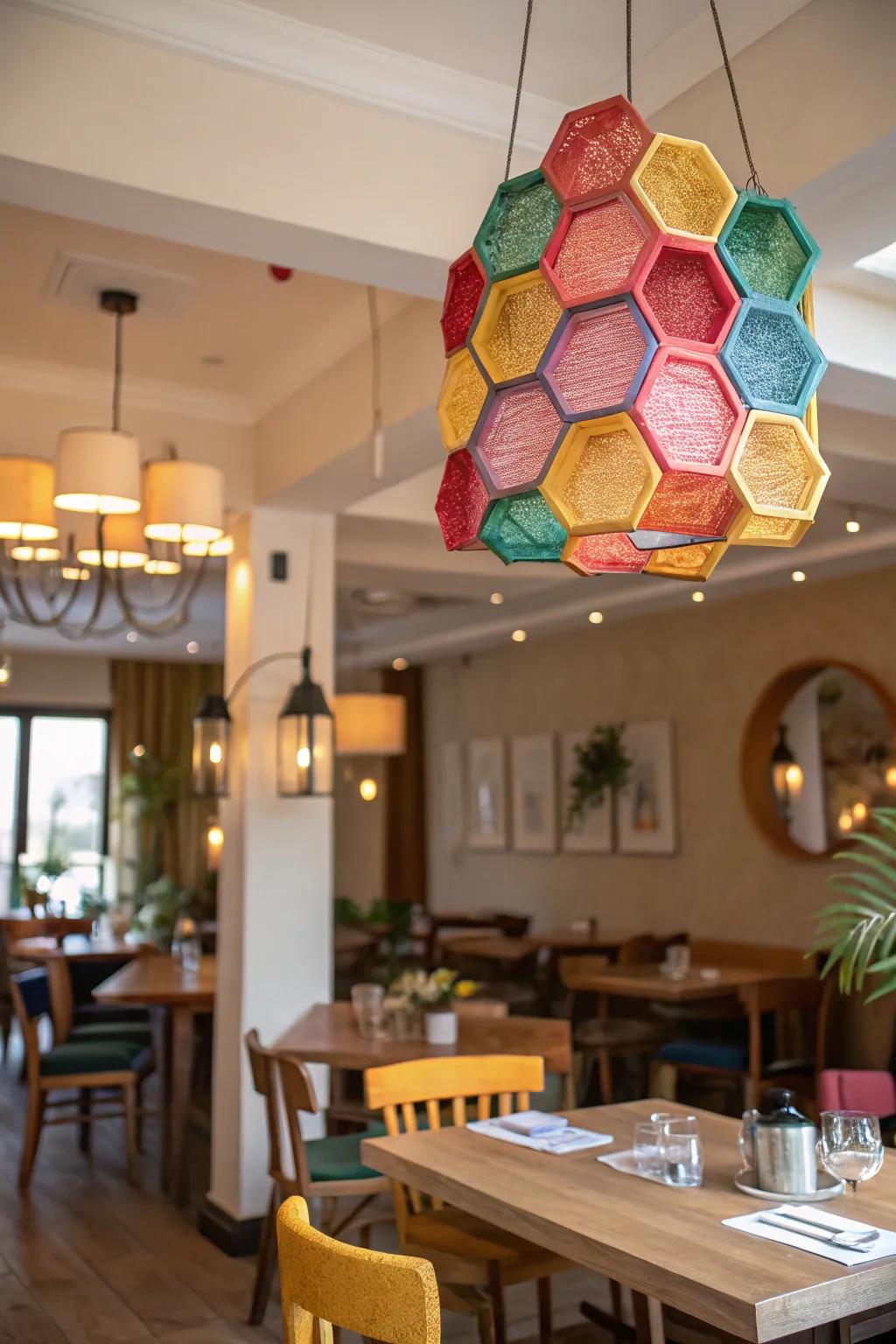 Elevate your ceiling with an artistic honeycomb mobile.