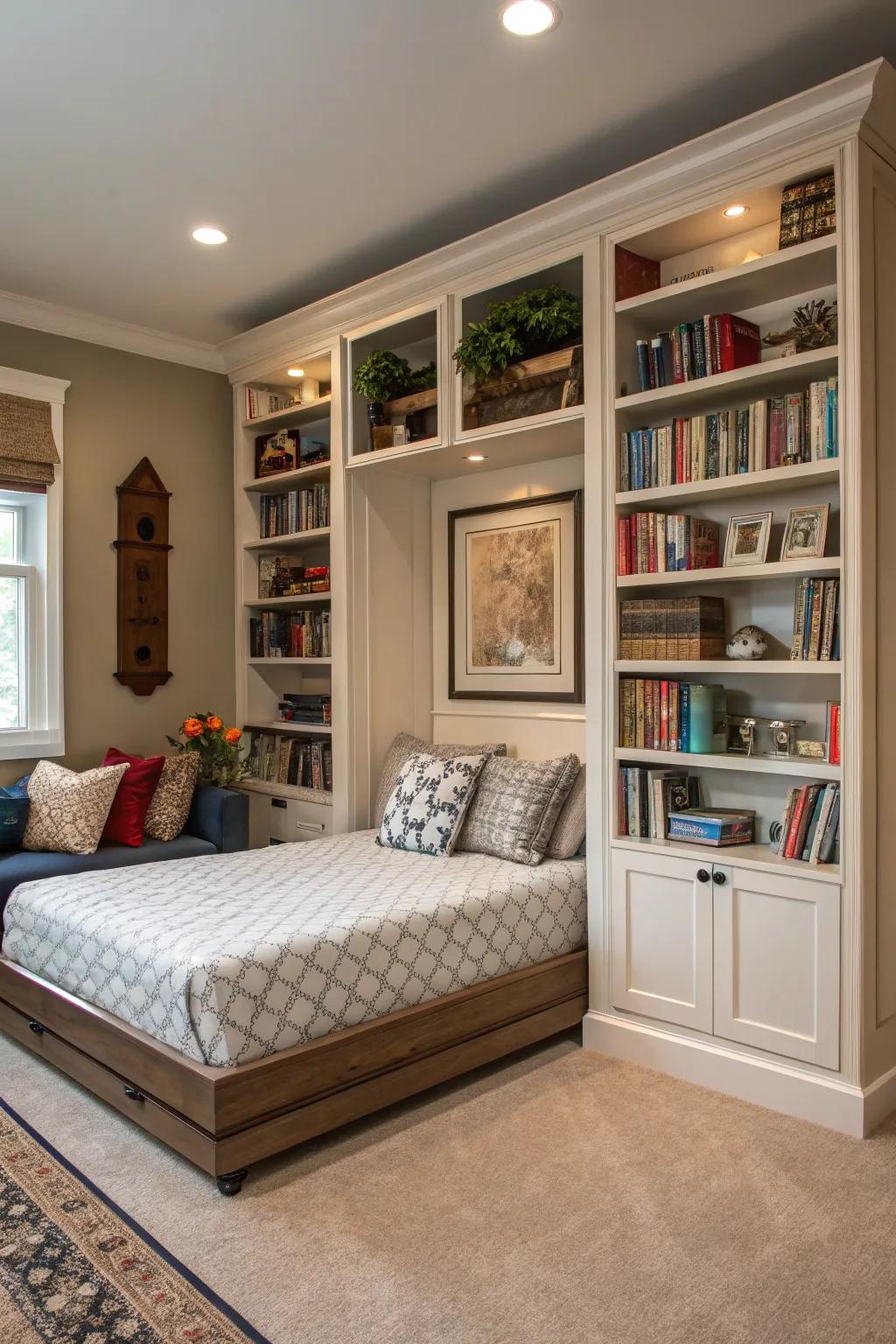 A wall bed tucked away behind attractive bookshelves, blending storage with sleeping space.