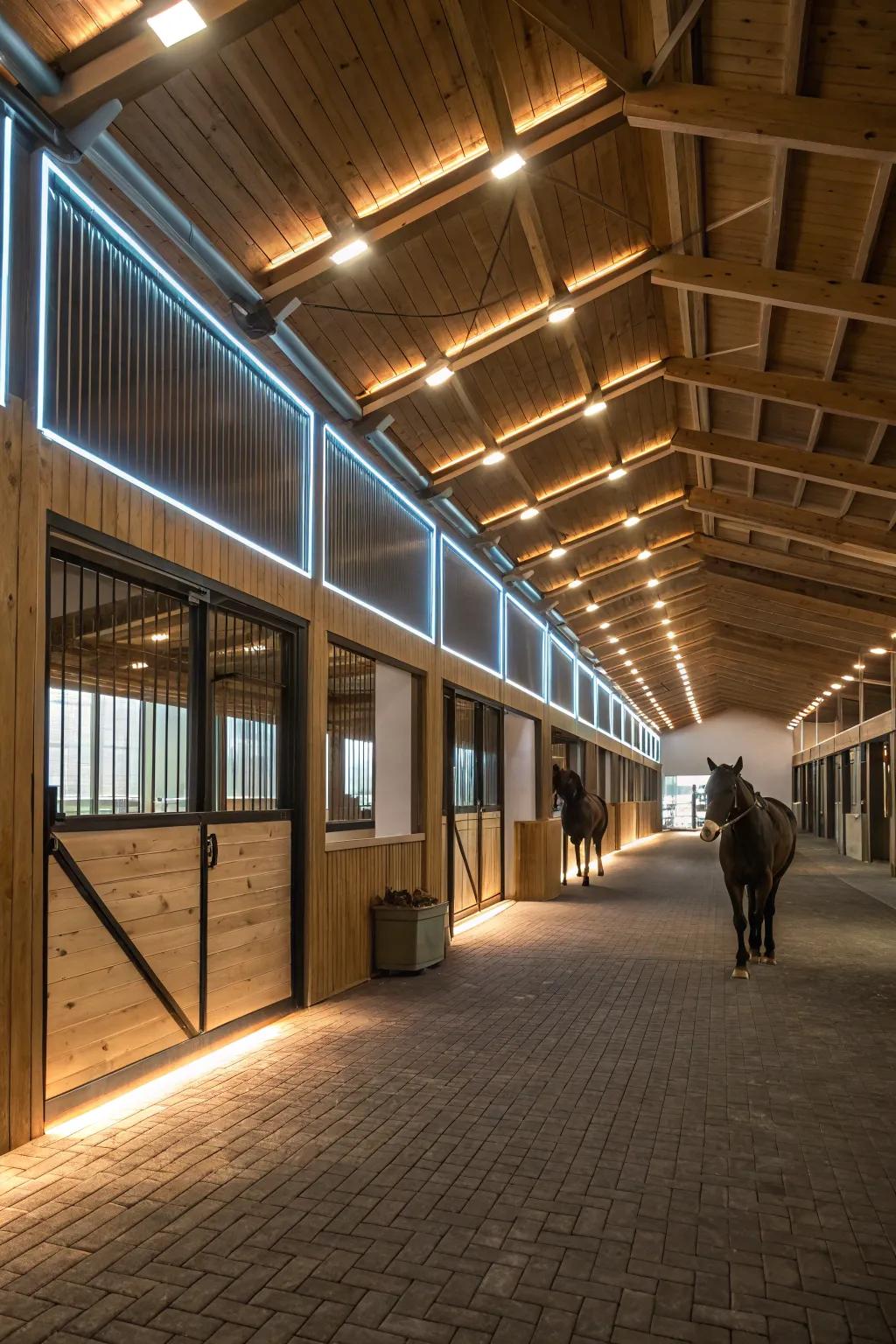 LED strips deliver effective and streamlined lighting along the barn walls.