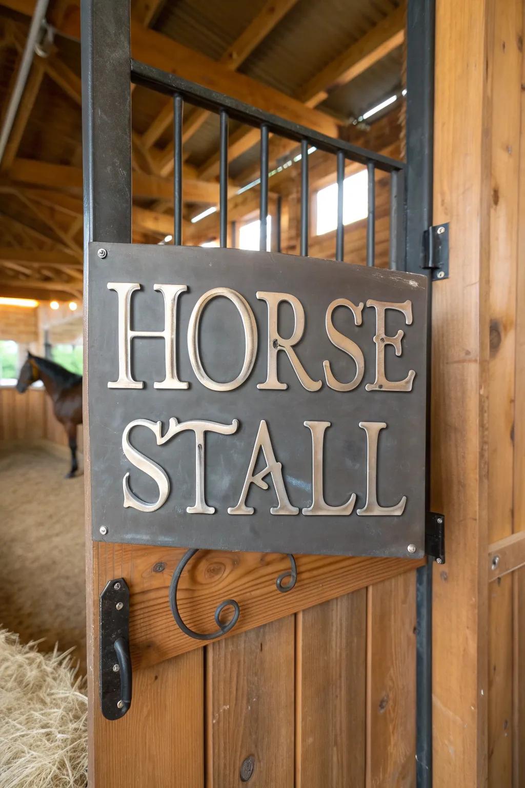 An inscribed metallic marker for a contemporary stable aesthetic.