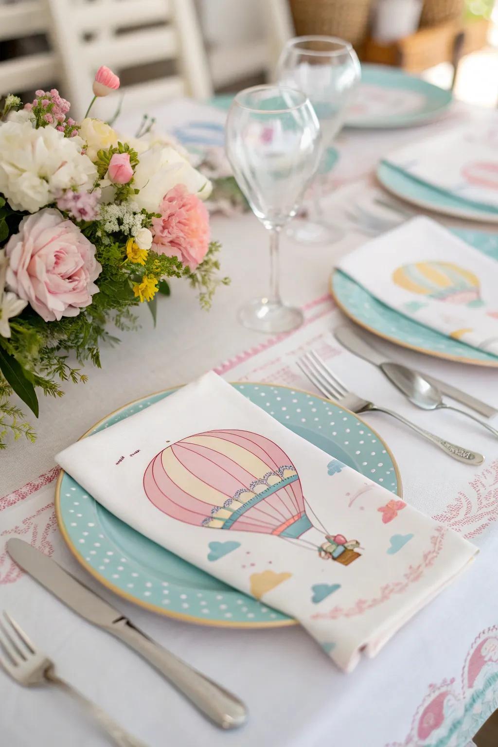 A welcoming table arranged using hot air balloon-themed aspects.