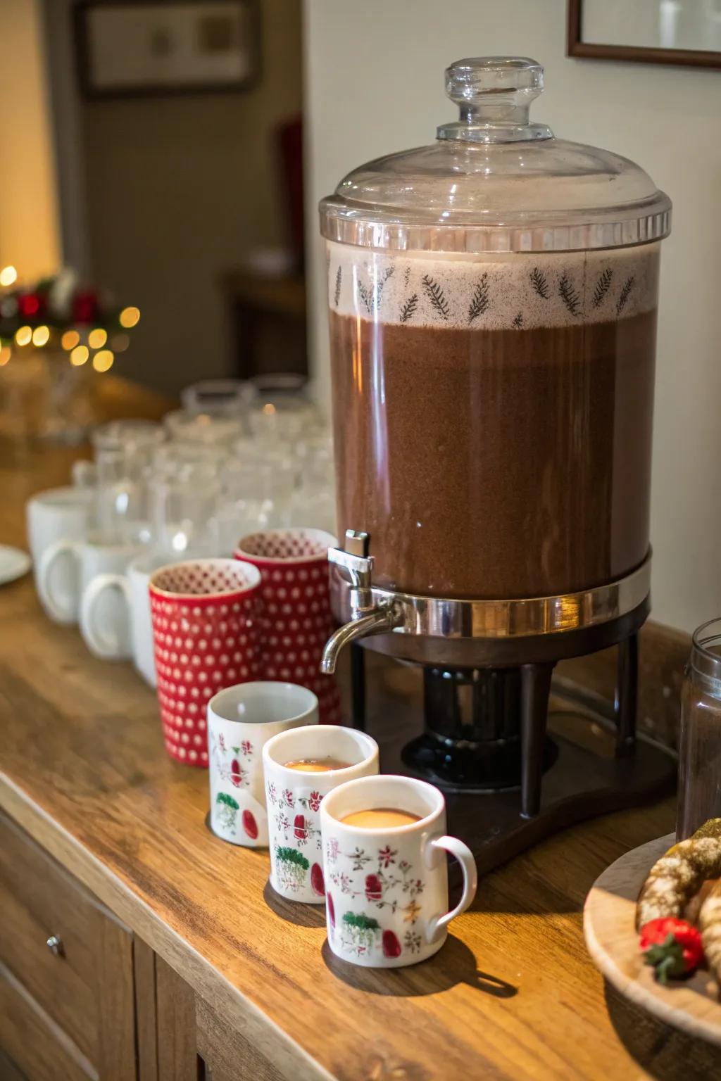 A chocolate elixir dispenser paired with an assortment of merry mugs.