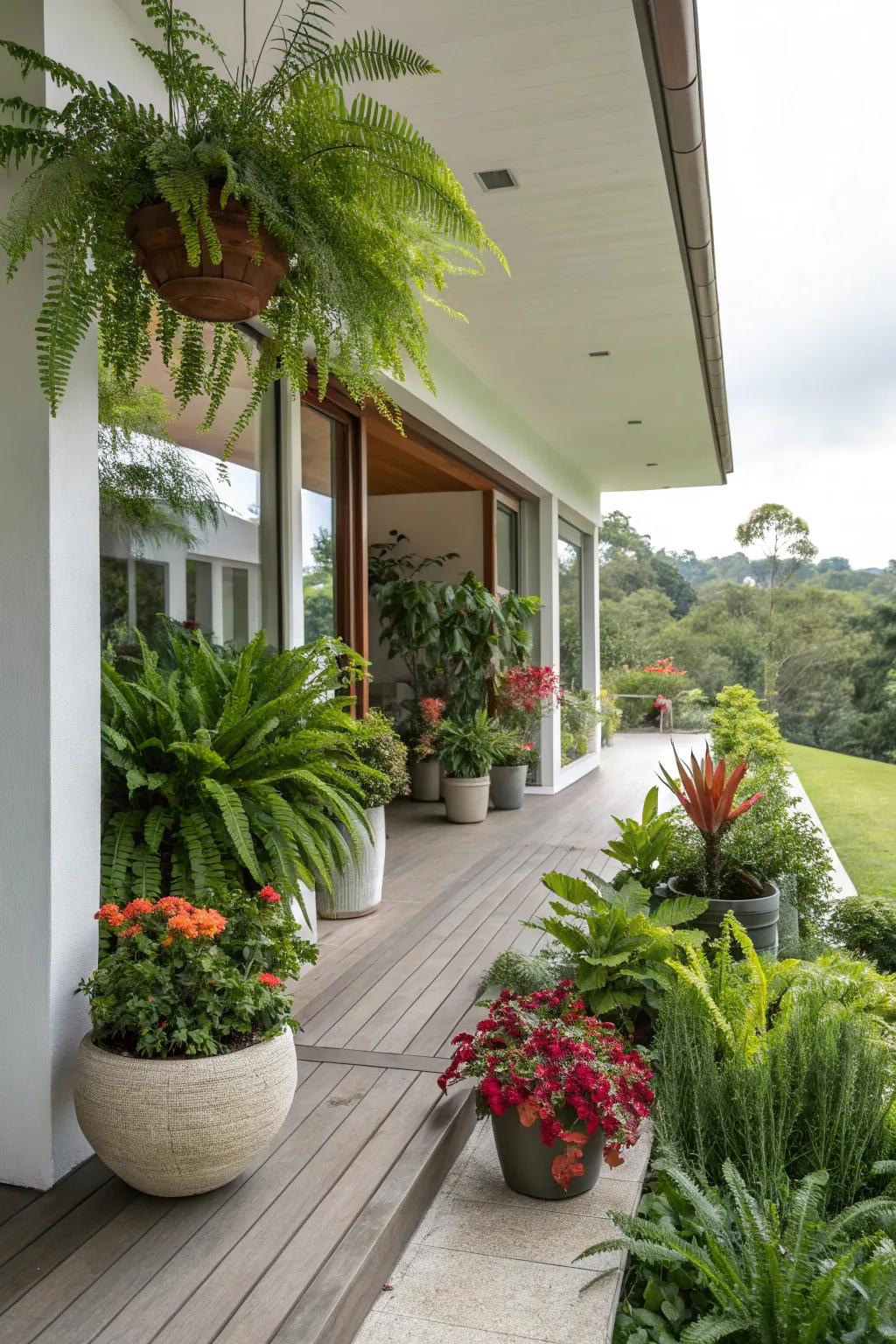 Rich greenery injects vitality into this modern porch setting.