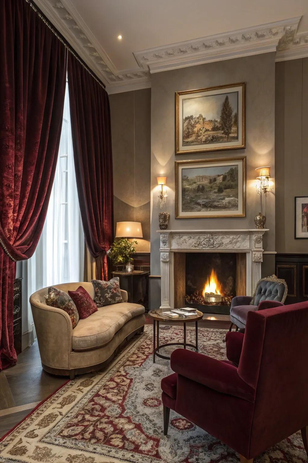 Opulent textiles such as velvet introduce a sense of grandeur to your family area.