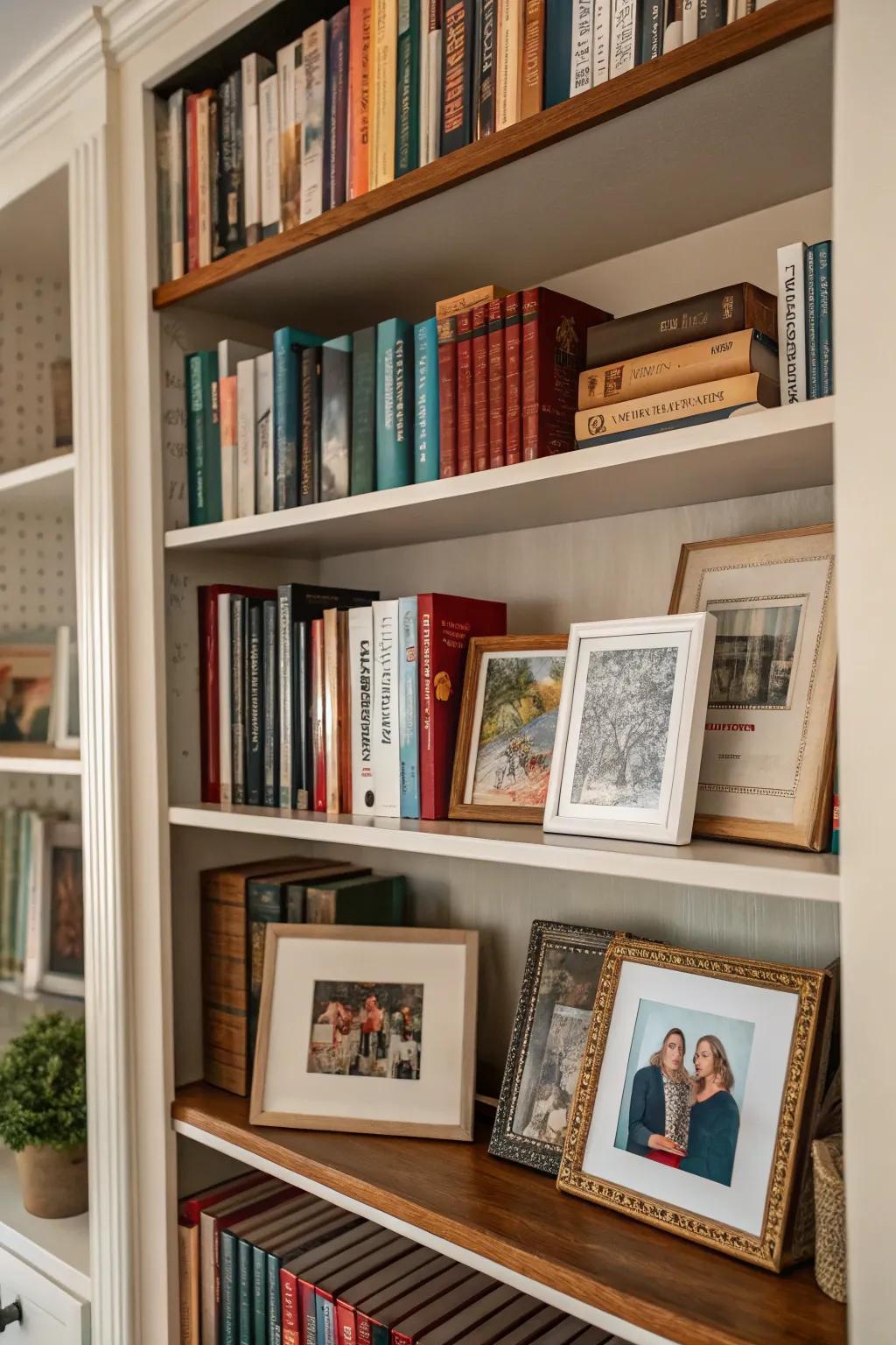 Bookshelf showcasing encased art and familial images.