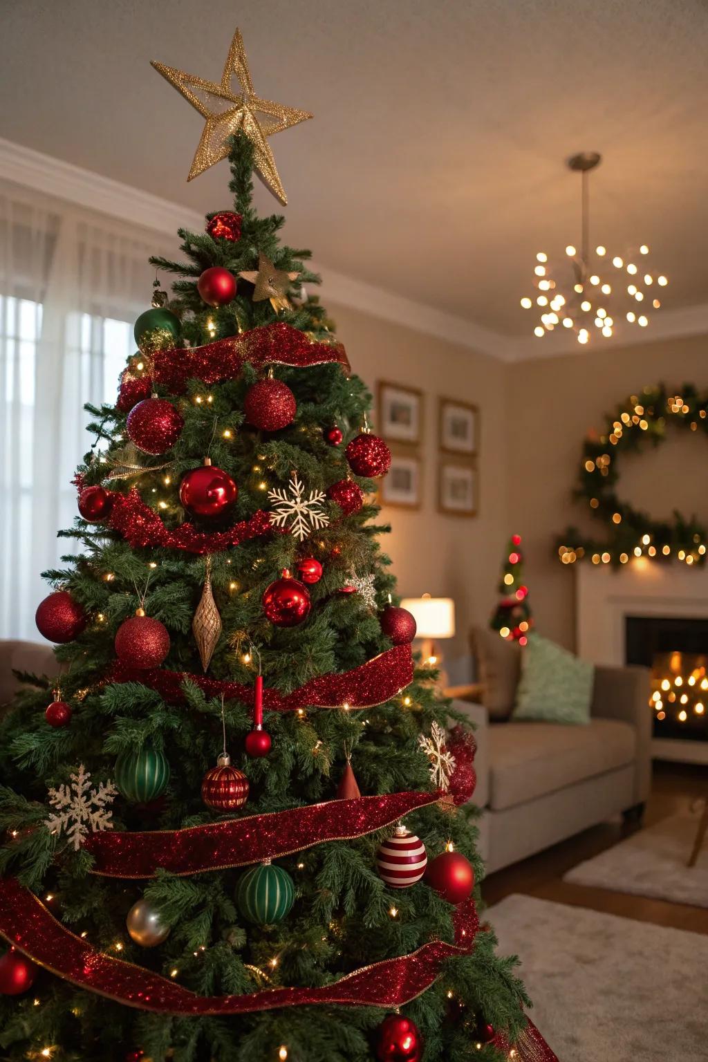A quintessential Christmas tree presenting crimson and verdant ornaments for an ageless allure.