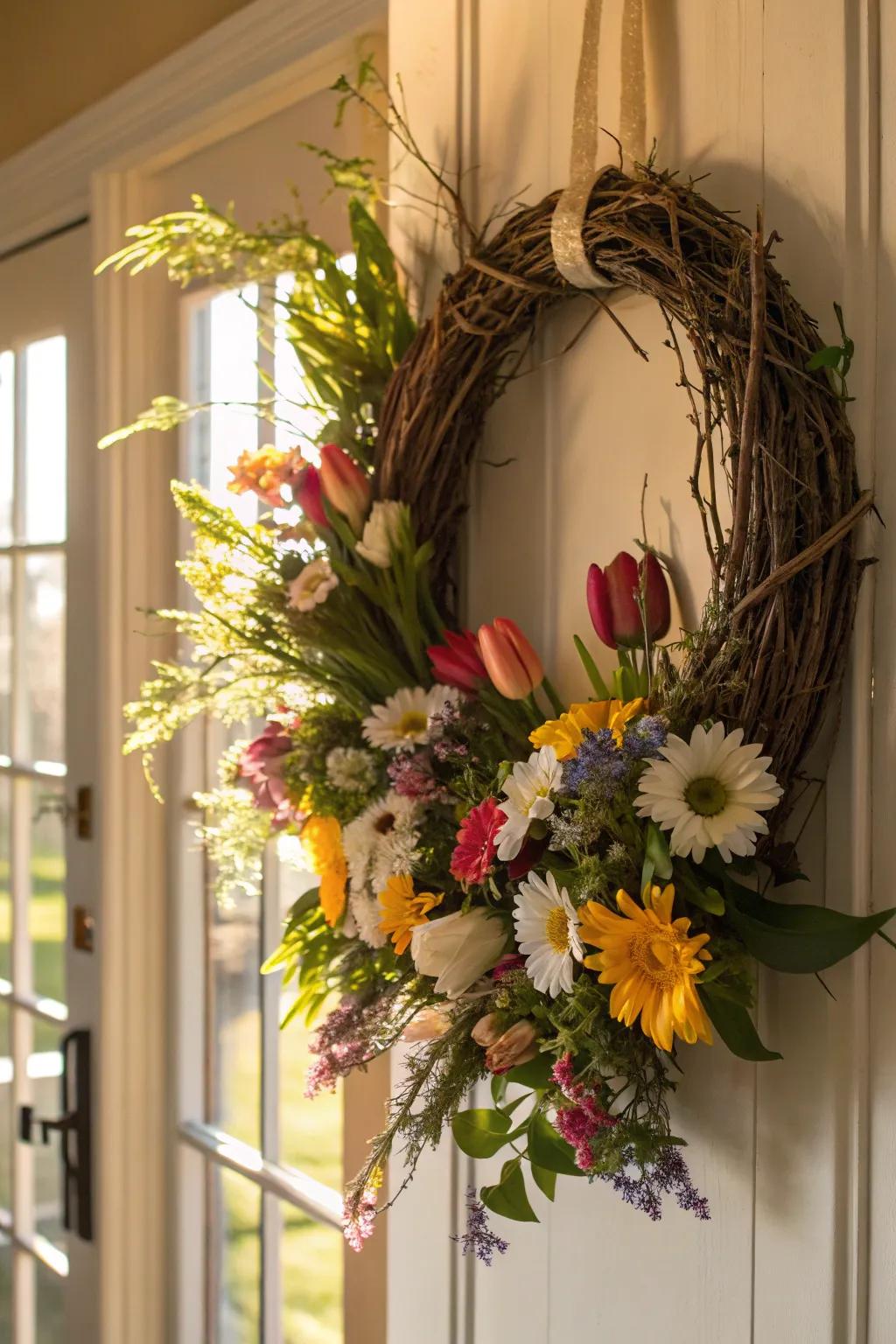 A spring wreath abounding with vibrancy and life.