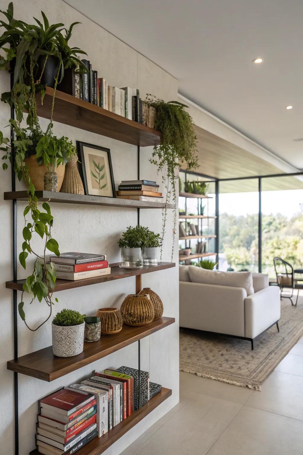 Shelf arrangements deliver functionality and style to larger wall areas.