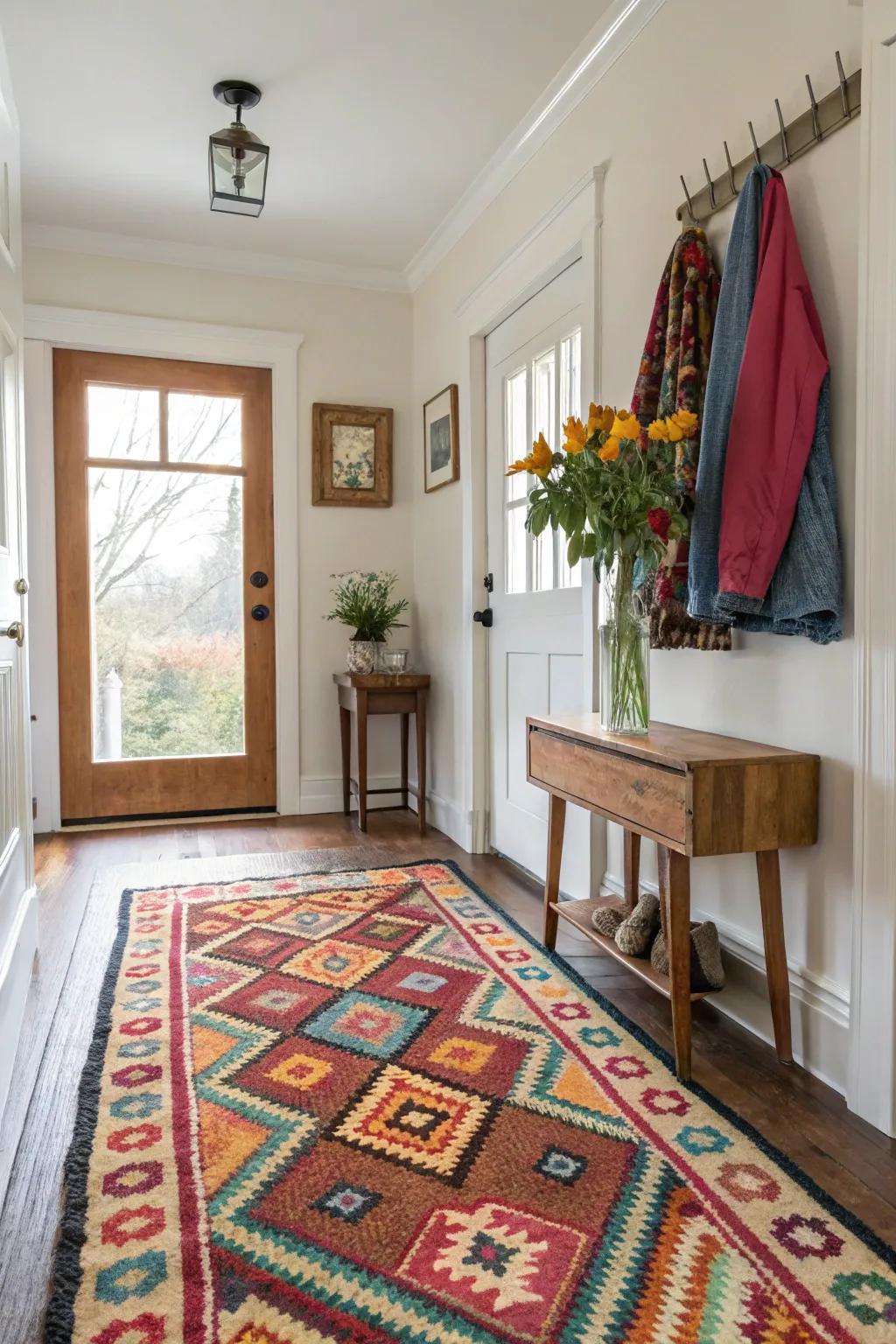 A colorful floor covering adds warmth and definition to the entrance.
