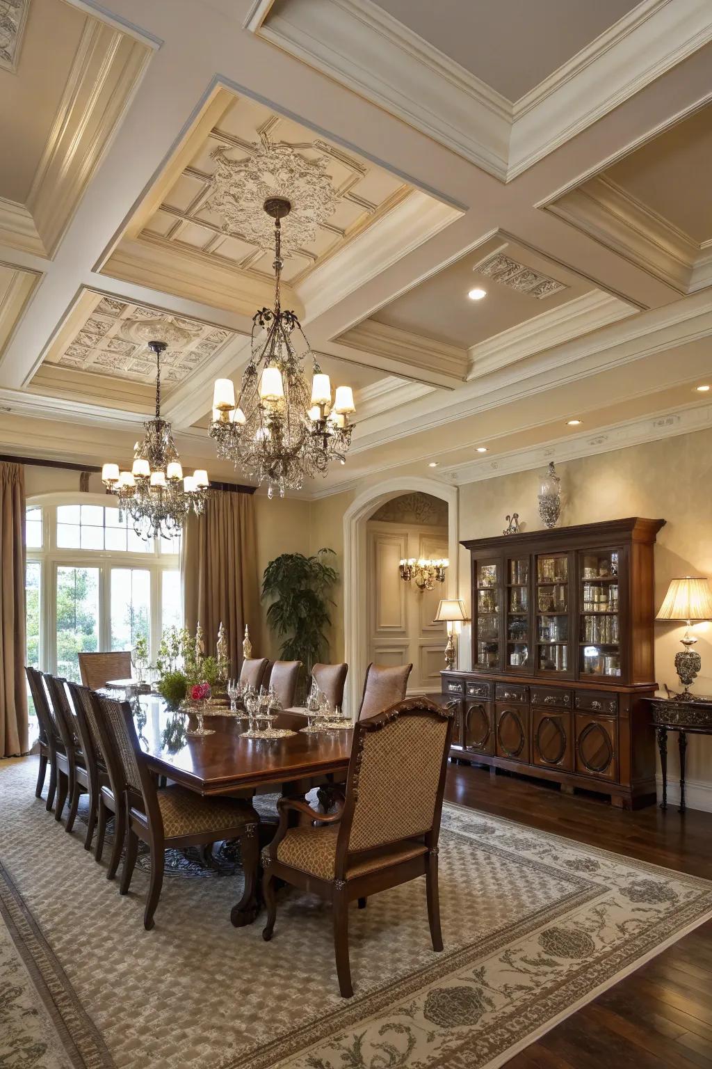An elegant dining space showcasing a classic coffered ceiling design.
