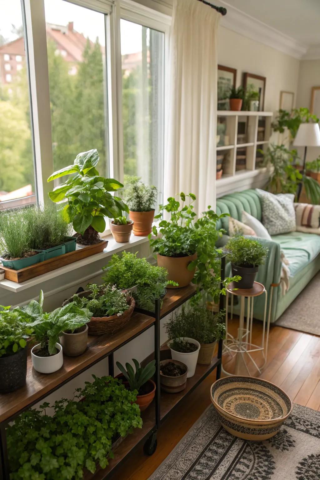 Potted foliage and herbs introduce an organic flair to the living room.