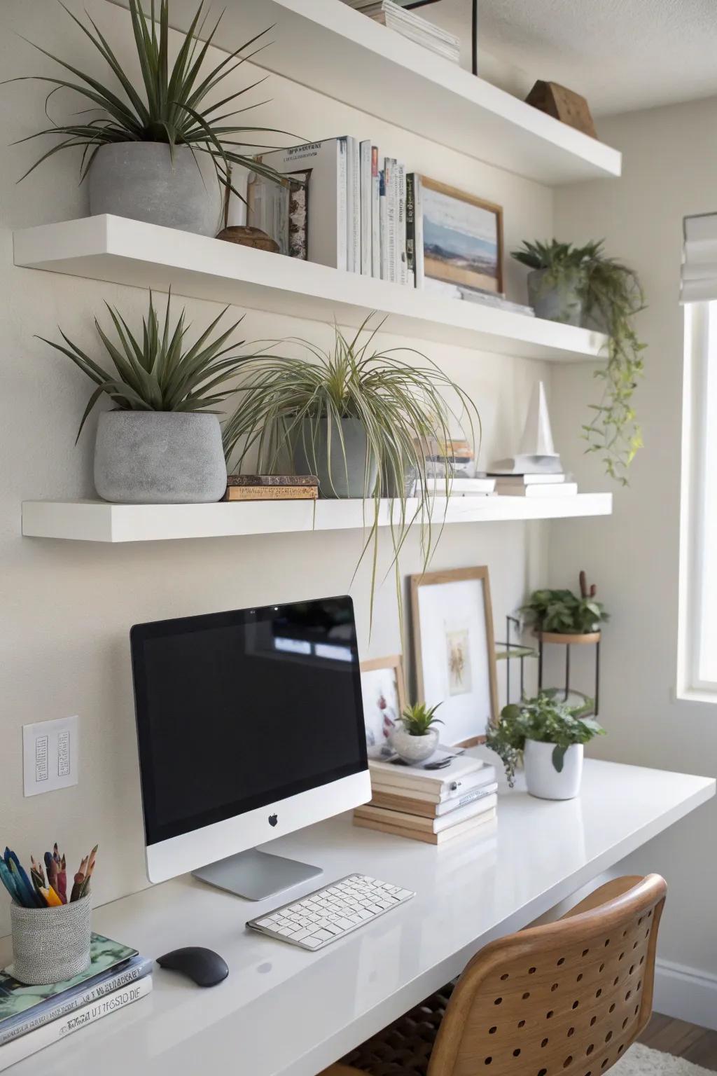 Floating shelves accented with air plants create an abundant wall presentation.