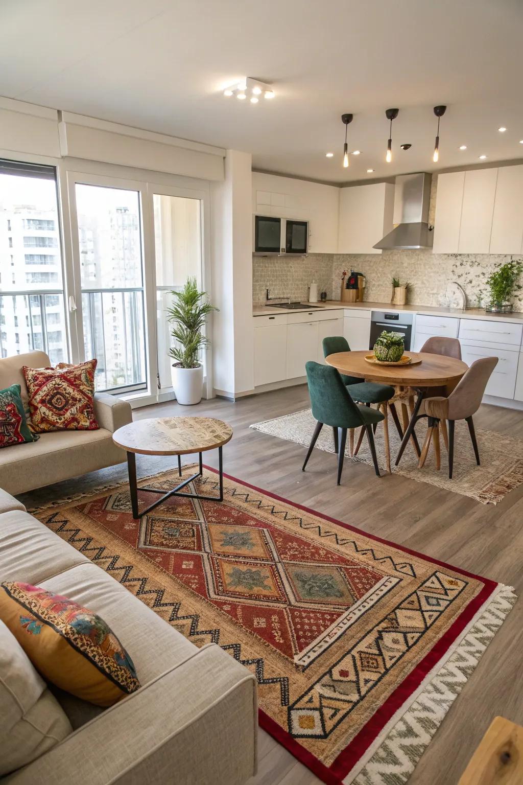 A space with an open layout and clearly defined living and working spaces.