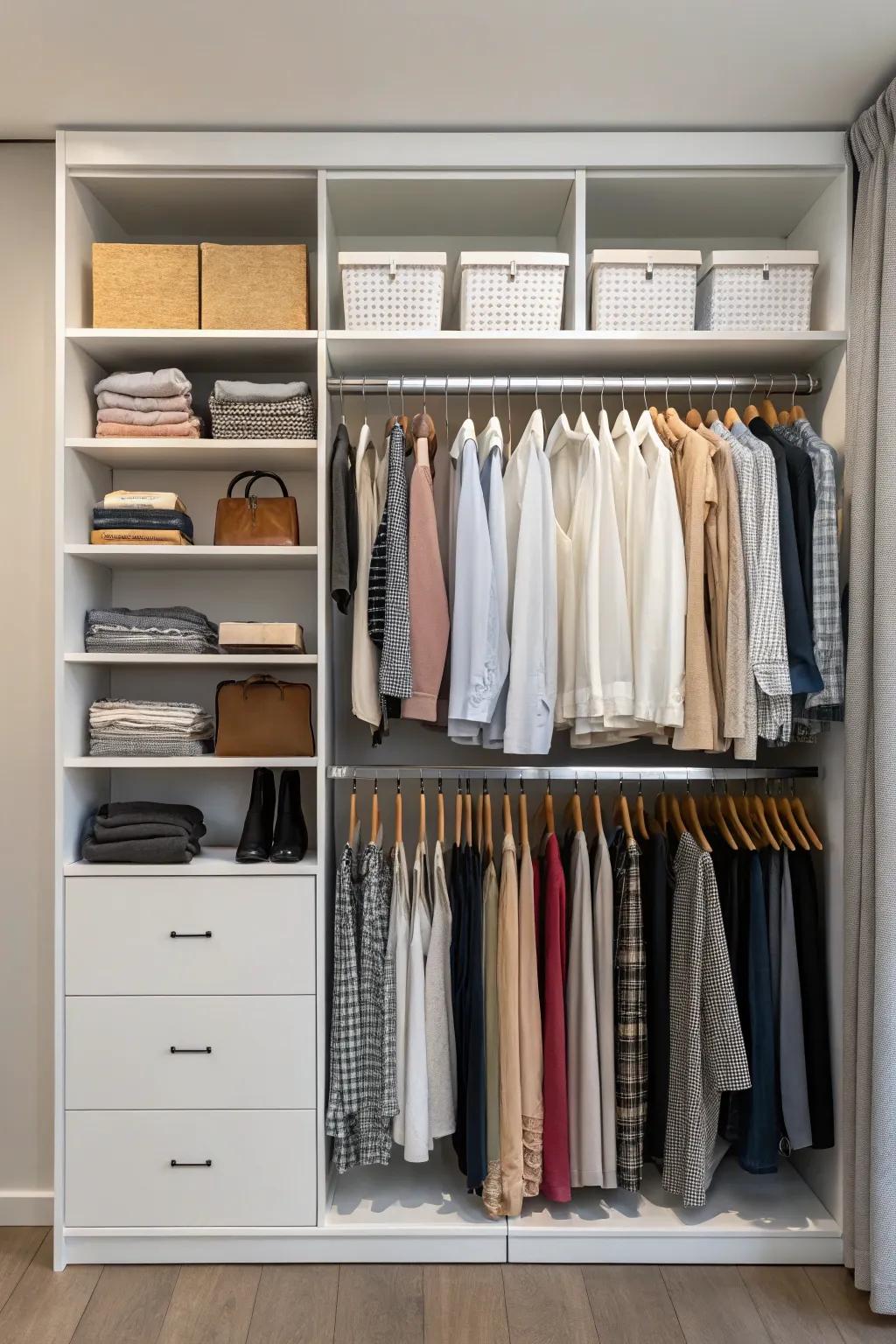 A simple wardrobe displaying neatly arranged clothing.