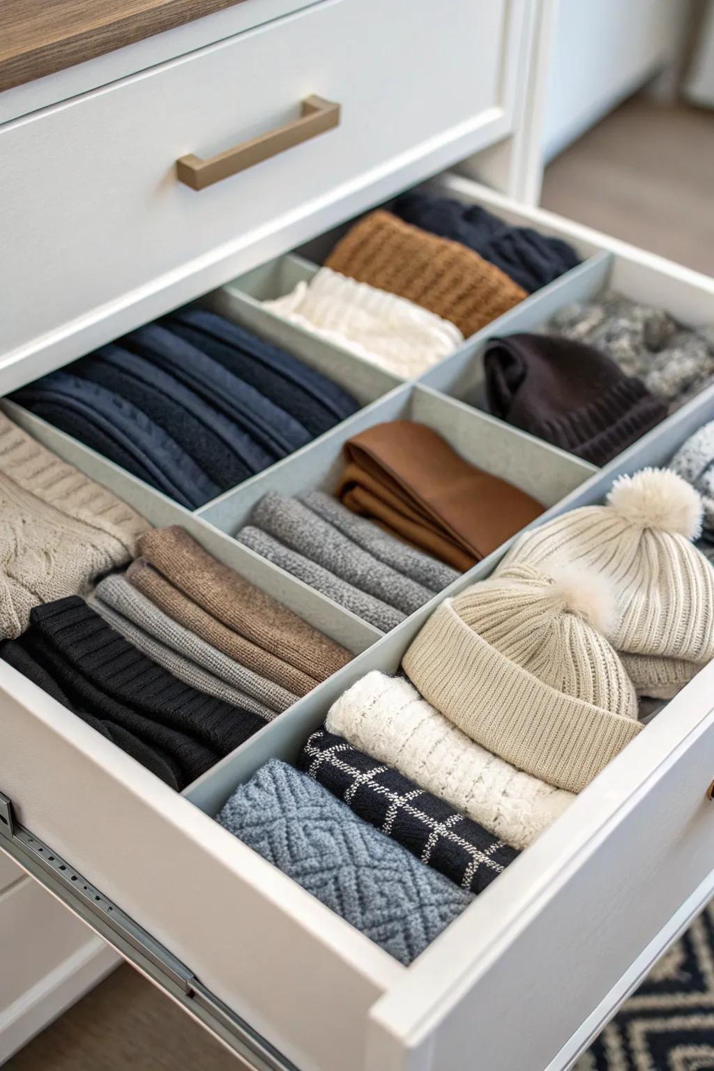 Categorized storage for efficient and easy access to dresser drawer contents.