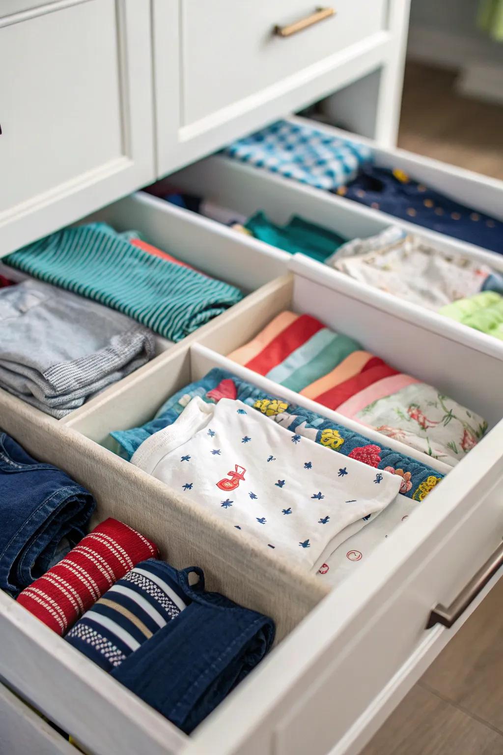 Drawer organizers keep clothing neat and easy to access.