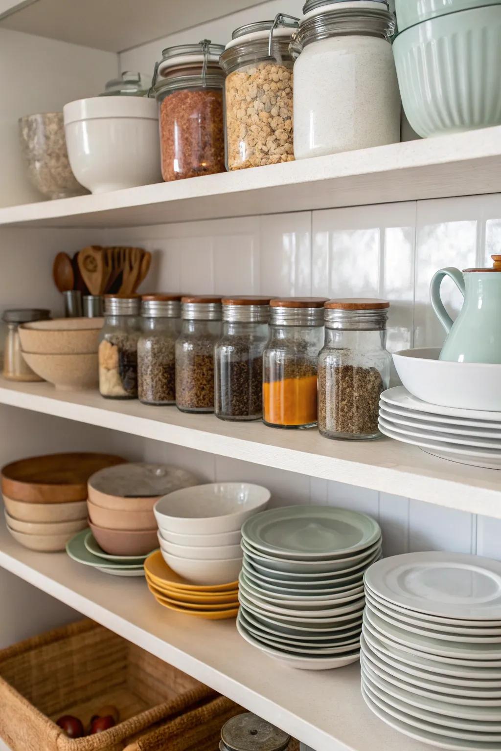 Tiered shelving arranging kitchen necessities efficiently.
