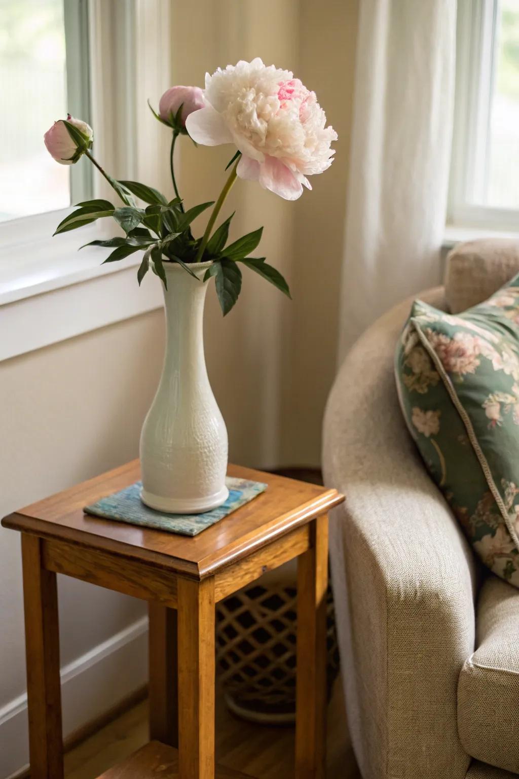 A less-is-more arrangement showcasing a single peony within a slender bloom holder.