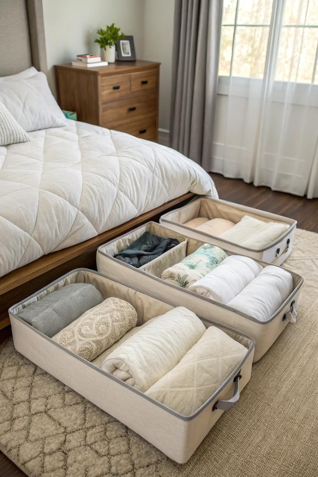 Comforters stored in under-bed storage bins in a bedroom.