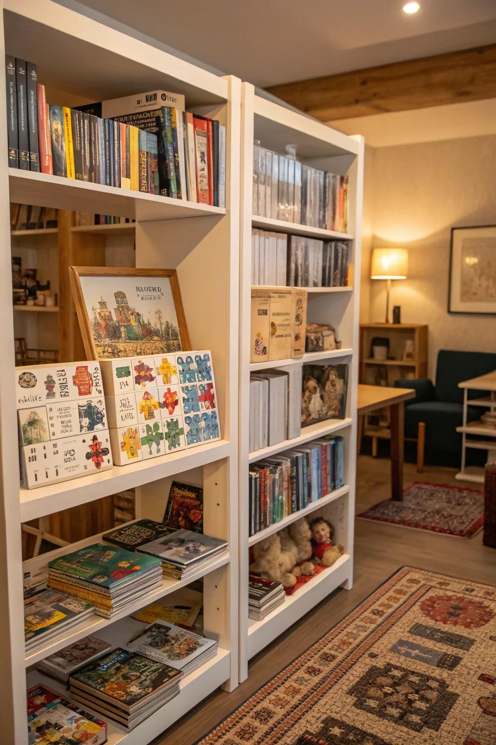 Puzzles attractively displayed on a shelving unit.