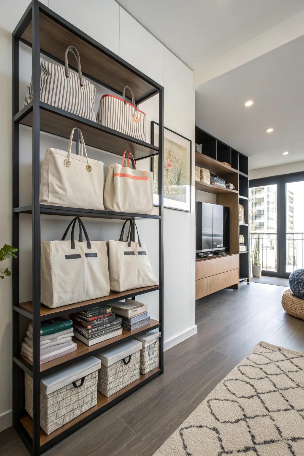 Shelves provide an efficient and chic method for storing carryalls.