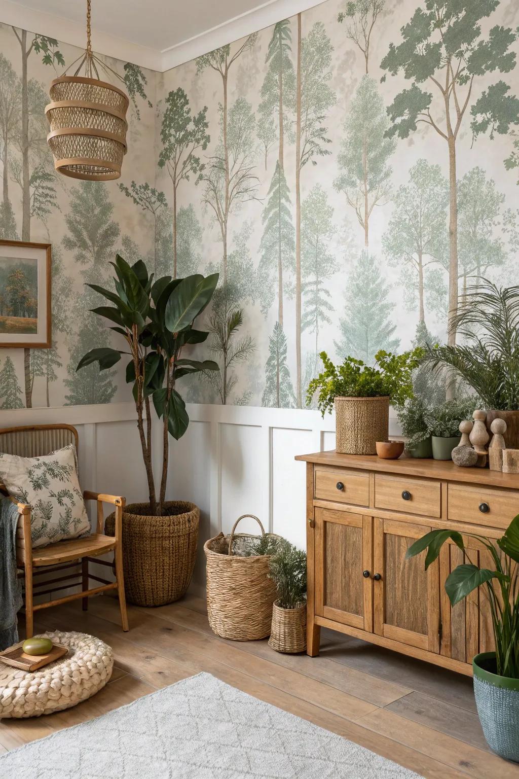 Wildlife motifs on wall coverings foster a seamless bond with nature.