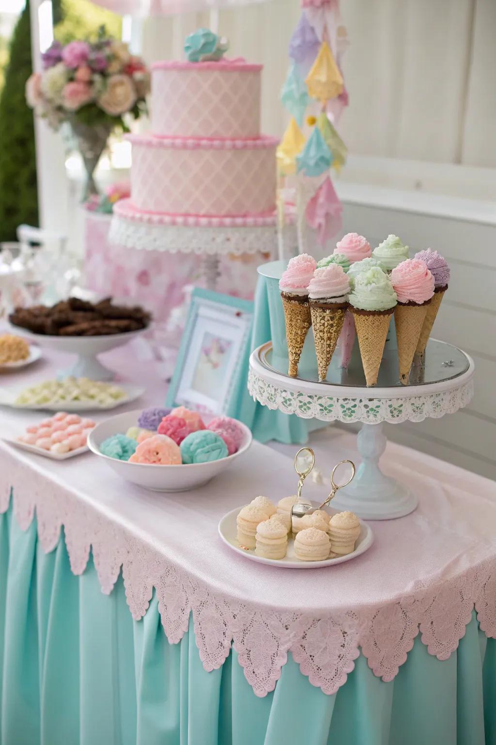 A soft-toned ice cream table that complements the party decor.