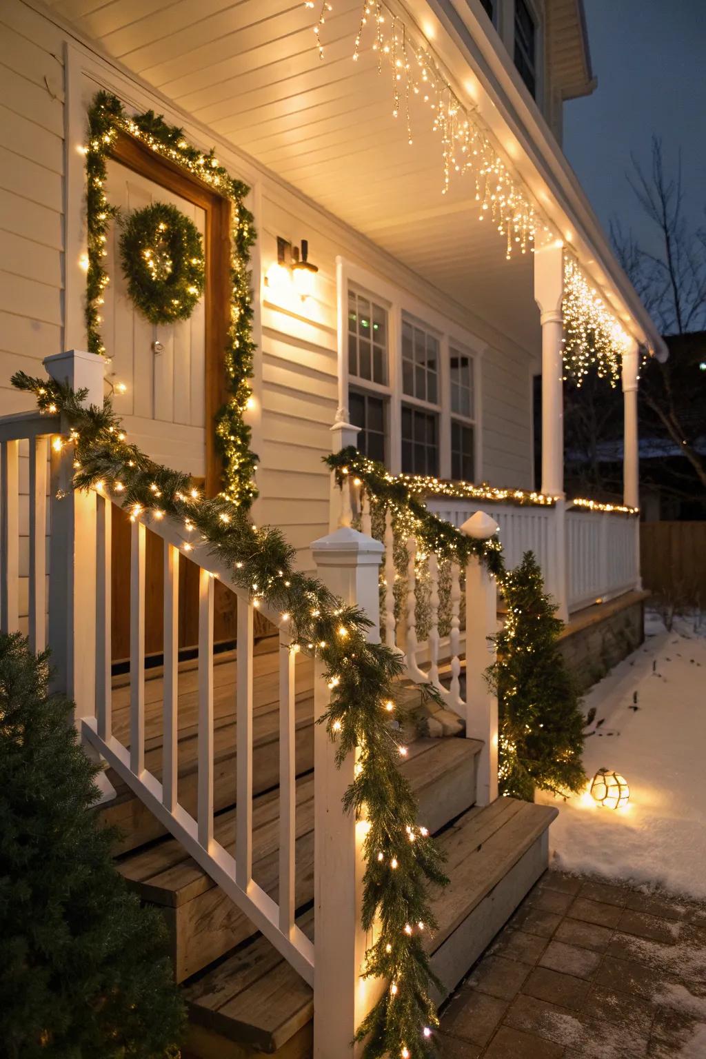 A porch decorated with garland and glimmer strips, perfect for holiday gatherings.