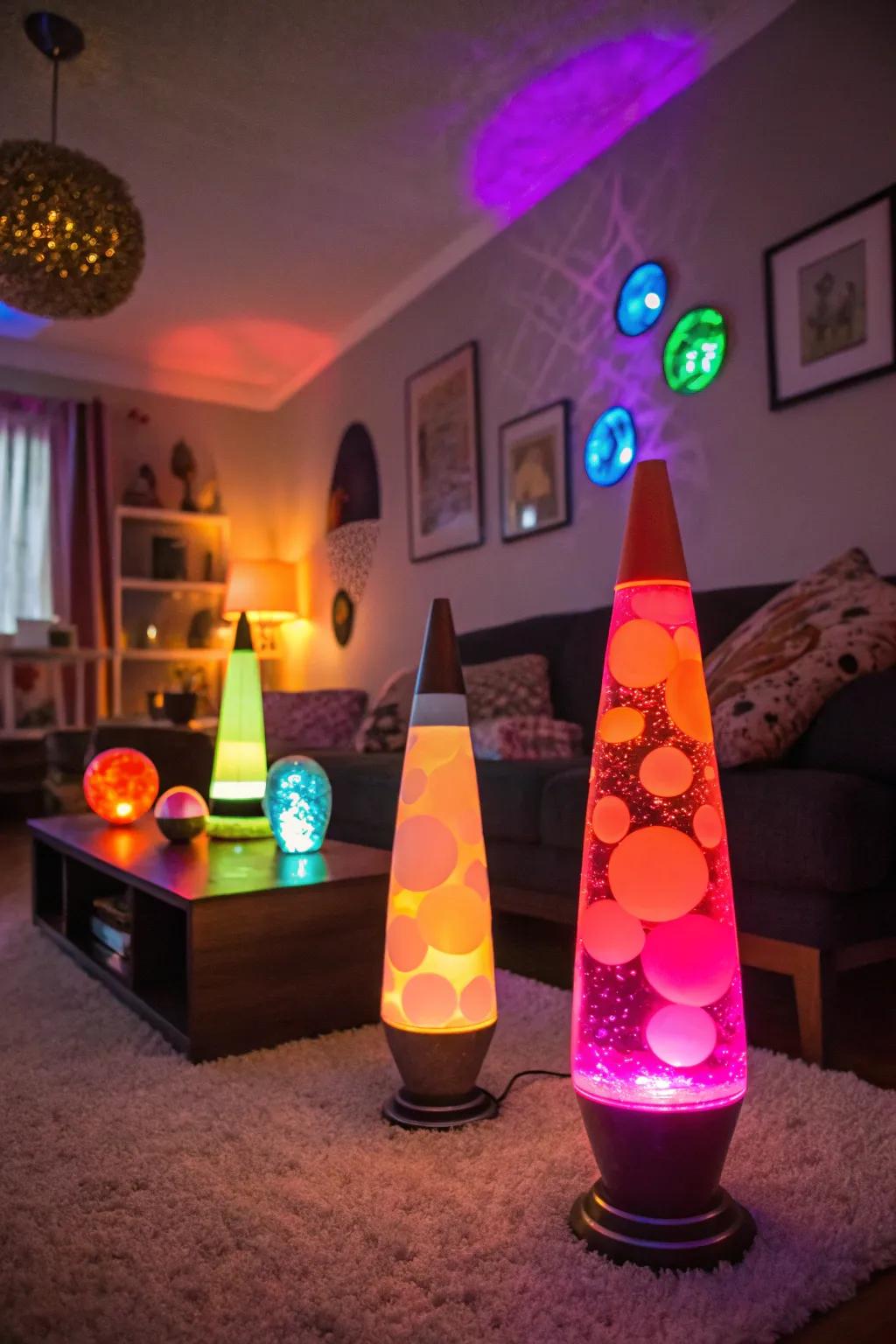 The warm glow of lava lamps creating a groovy vibe.