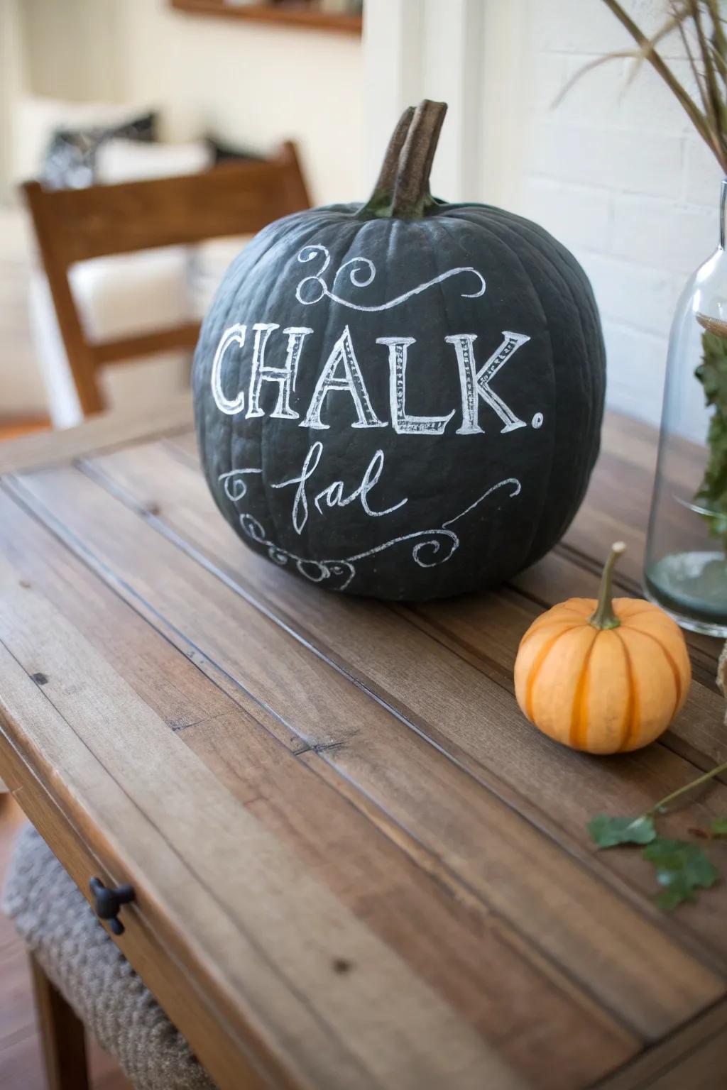 A chalkboard pumpkin that allows for imaginative and changeable decor.