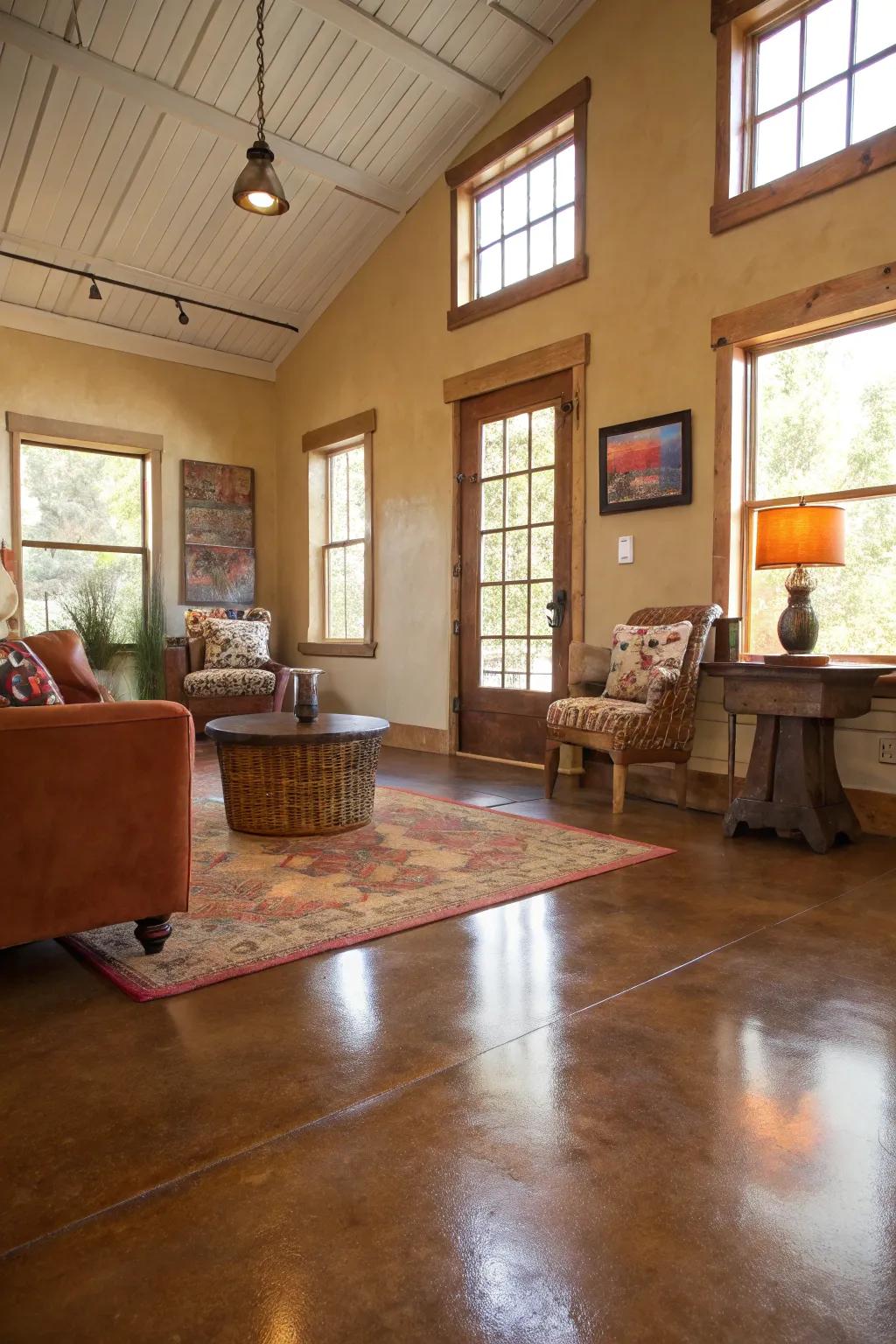 Tinted concrete floors introduce warmth and character to a space.