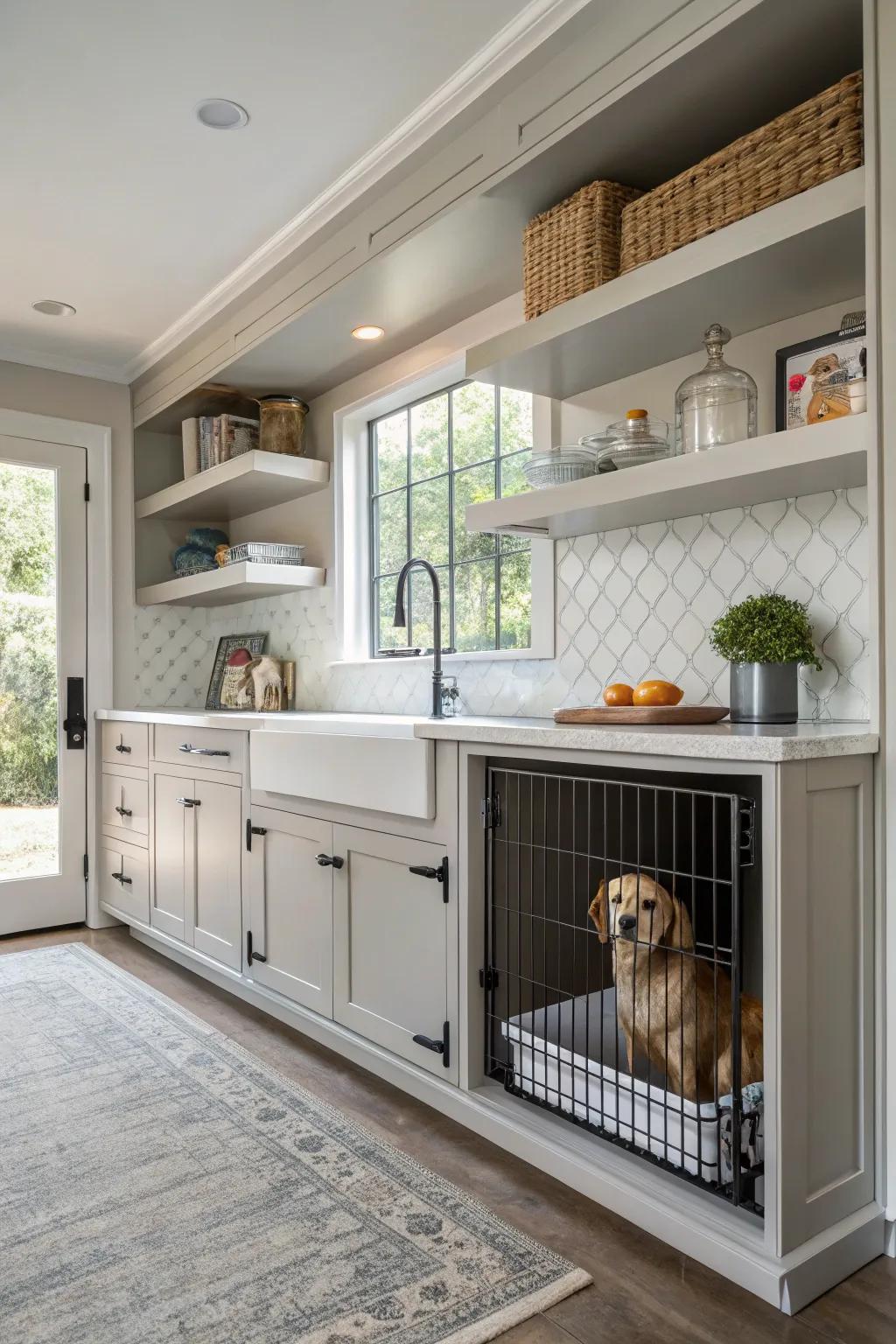 A secret hideaway: your dog's kennel cleverly integrated into kitchen hutch.